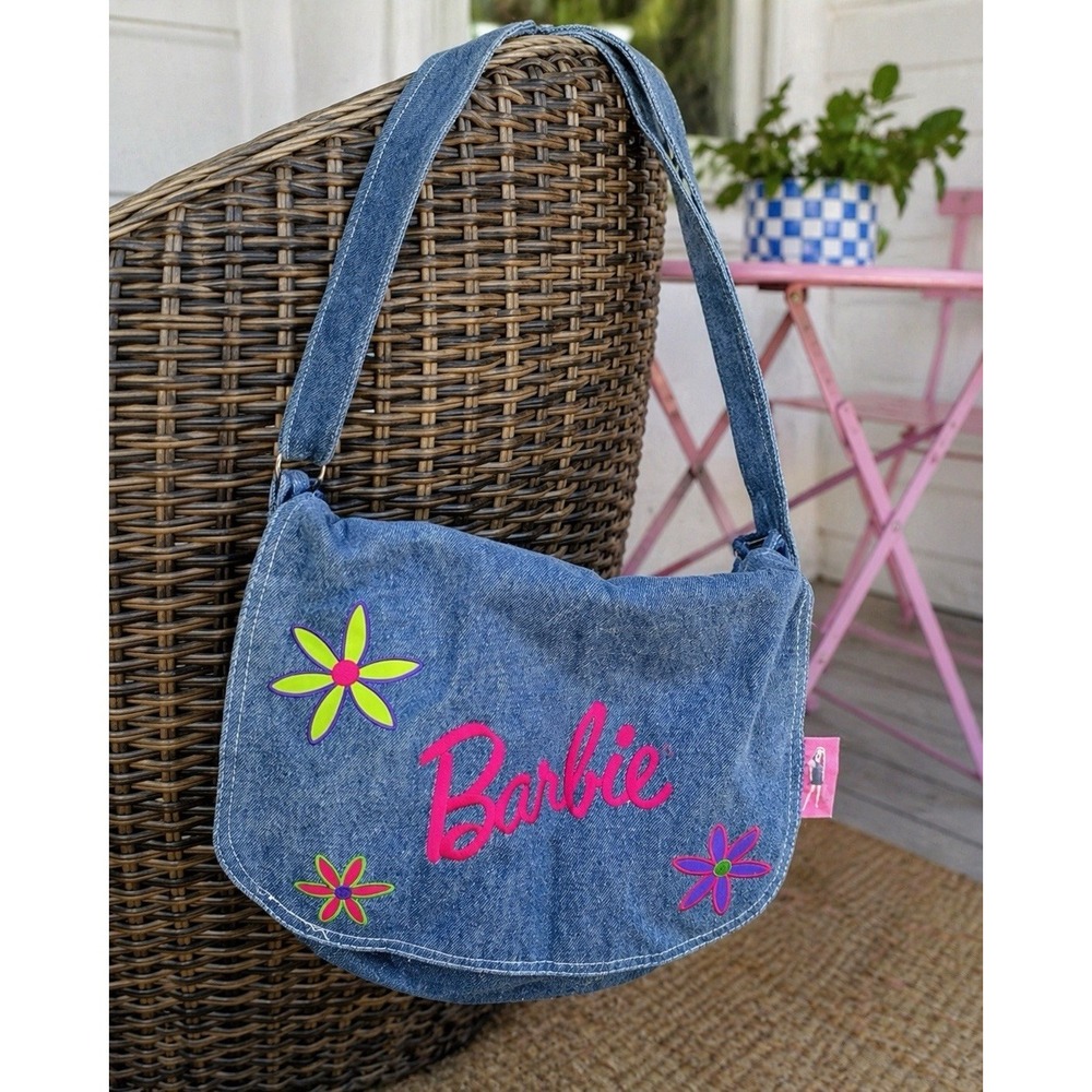 Vintage Y2K Barbie Denim Messenger Bag Pink Logo Floral Applique
